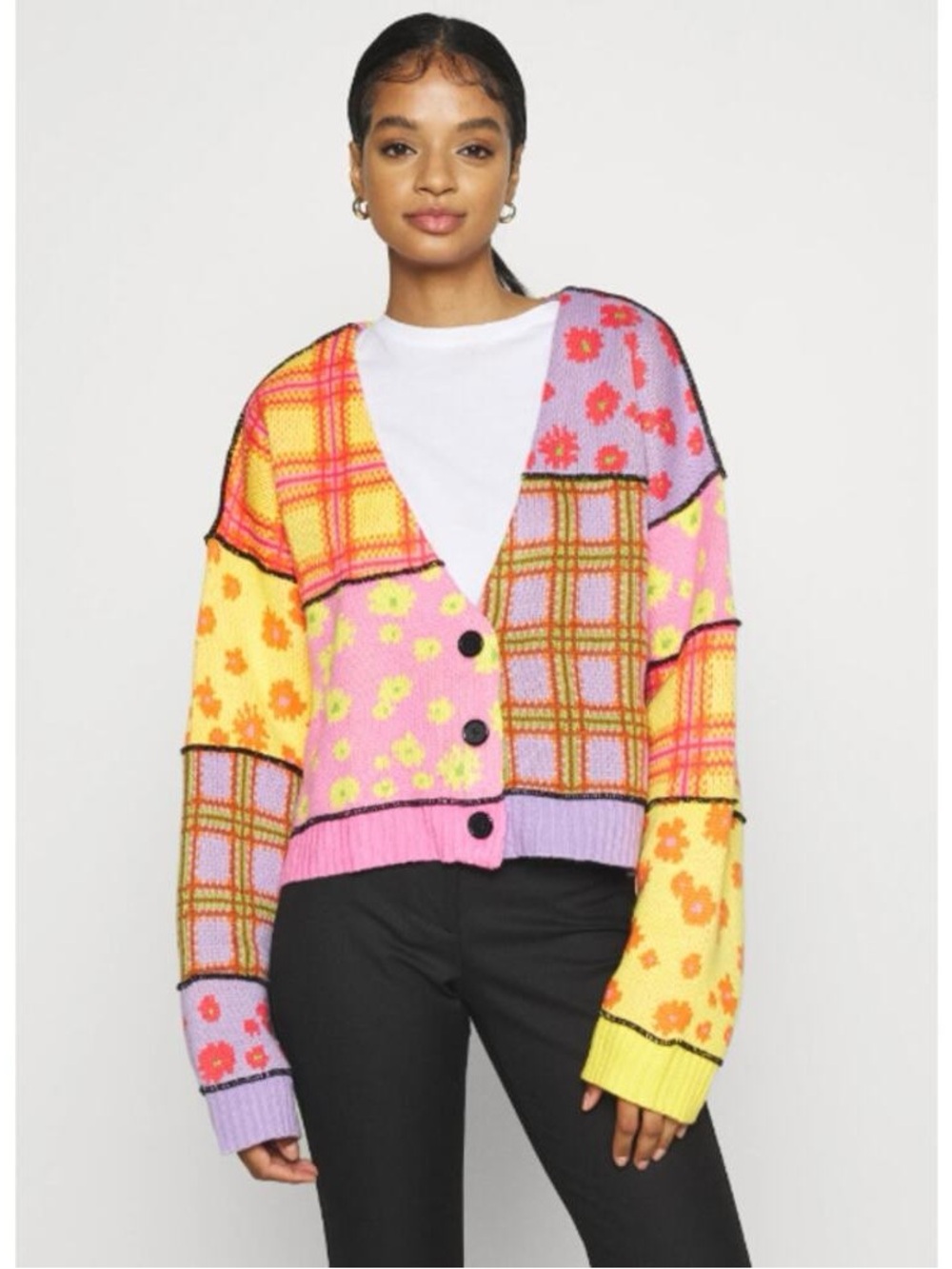Colorblock Floral Plaid V-Neck Button Cardigan Sweater - Pink, Yellow, Lavender